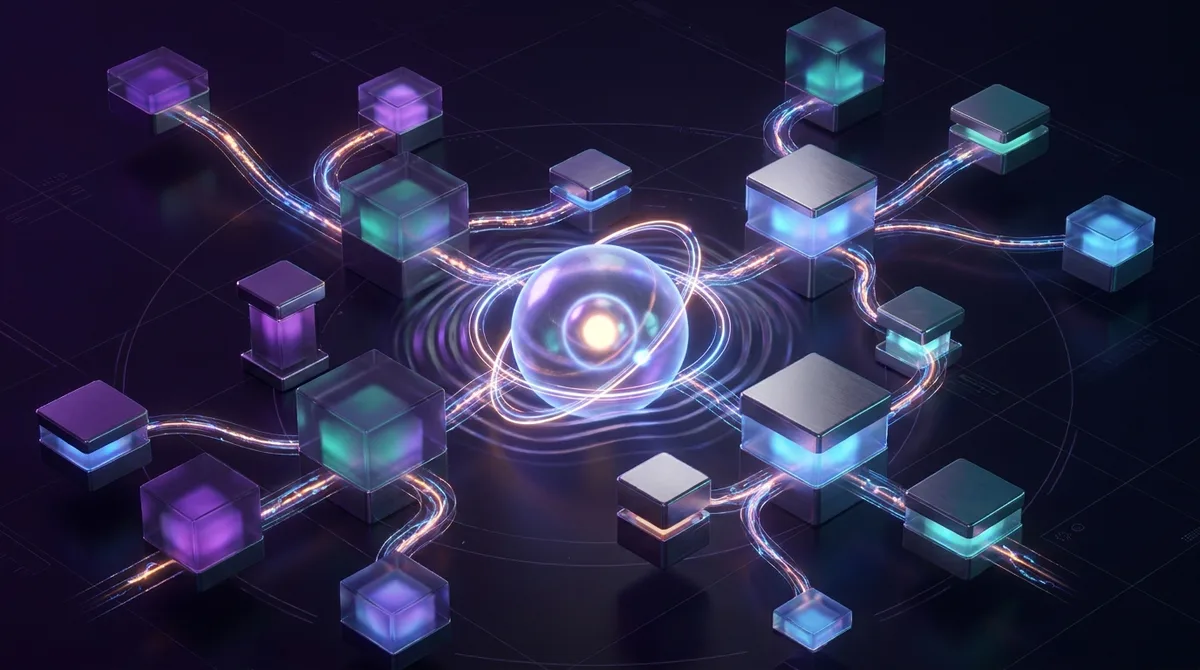 A network of interconnected cubes glows with energy, visualizing data connection for a learning management system.