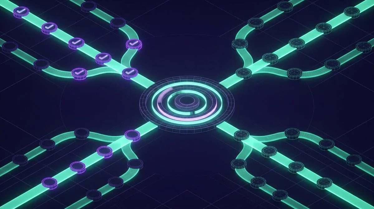 A glowing network of interconnected nodes and pathways illustrates progress tracking within the learning management system.